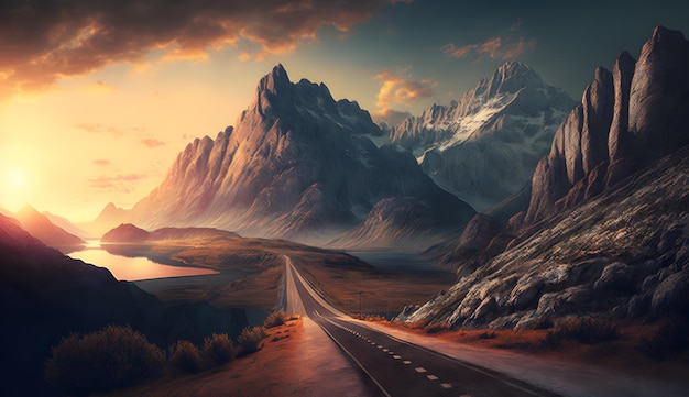 Estrada moderna nas montanhas na paisagem do pôr do sol com IA generativa de rodovias e rochas