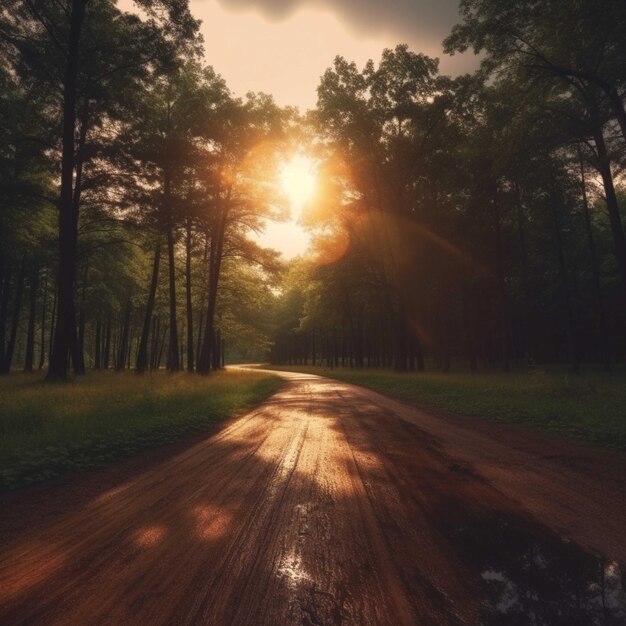 Estrada na floresta ao pôr-do-sol com raios de sol renderização 3D
