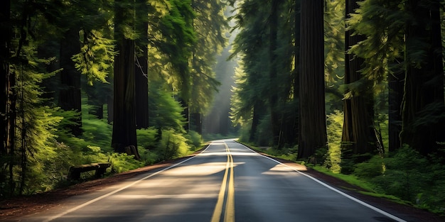 Estrada na floresta de sequóias na Califórnia, EUA