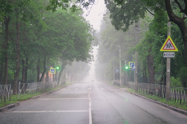 Estrada nebulosa na cidade matinal foco suave