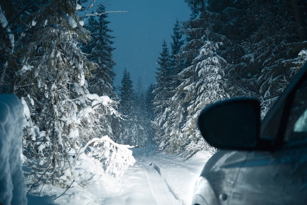 Estrada nevada na floresta de inverno. período noturno