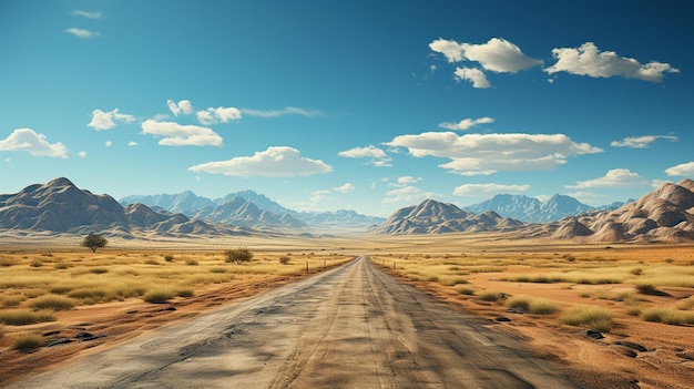 Estrada no deserto com montanhas e céu azul ai gerador