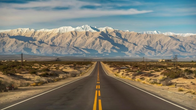 Estrada no meio do deserto com as magníficas montanhas da Califórnia