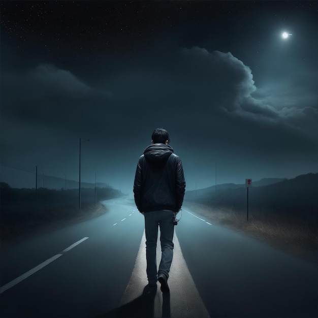 estrada noturna com homem ouvindo música