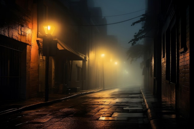 Estrada ou beco molhado do véu urbano místico em uma noite enevoada Generativo por Ai