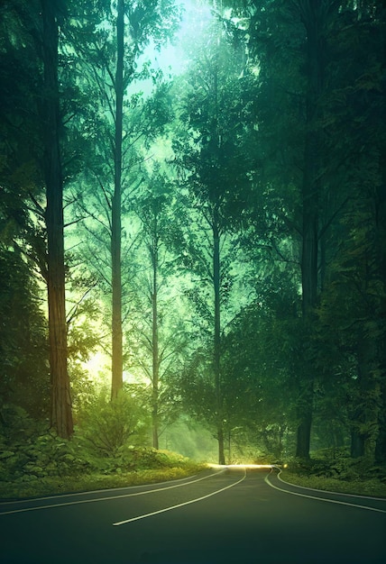 Estrada para a ilustração 3d da paisagem da cena da floresta