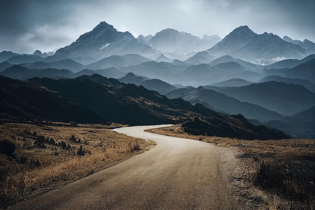 Estrada para a ilustração digital das grandes montanhas