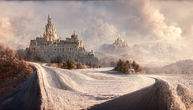 Estrada para o castelo em uma colina com neve no chão e árvores nuas