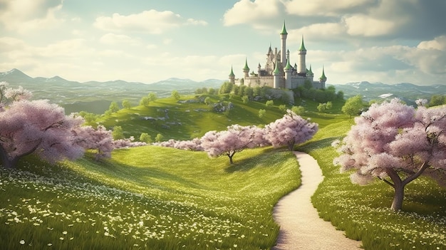 Estrada para o castelo localizado nos gramados verdes da colina com pequenas flores desabrochando Generative AI