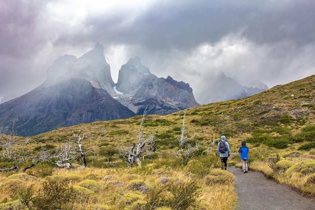 Estrada para o miradouro Parque Nacional Los Cuernos Torres del Paine na Patagônia chilena