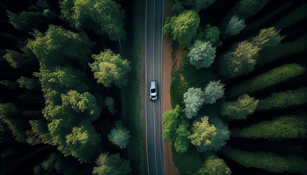 Estrada para um carro entre a floresta vista superior