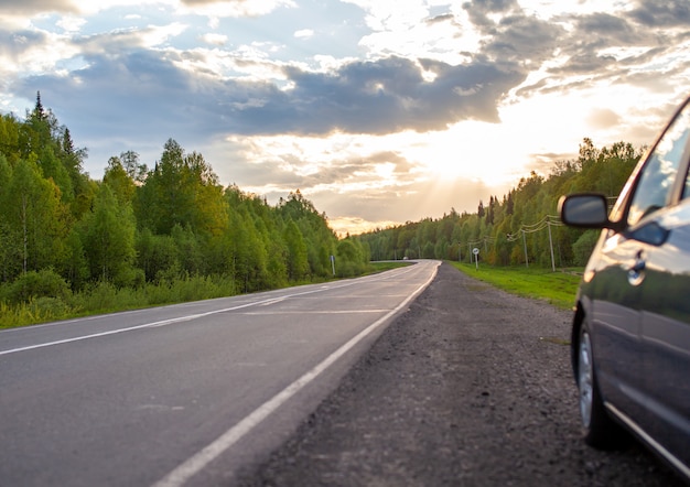 Foto estrada rural com marcações no meio da floresta. caminho e movimento para a frente no sol. floresta linda e verde na primavera ao pôr do sol. conceito de sucesso no futuro objetivo e passagem do tempo