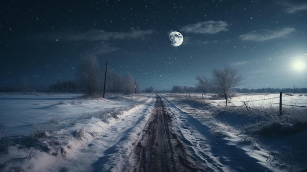 Estrada rural de inverno à noite na lua cheia lightgenerative ai