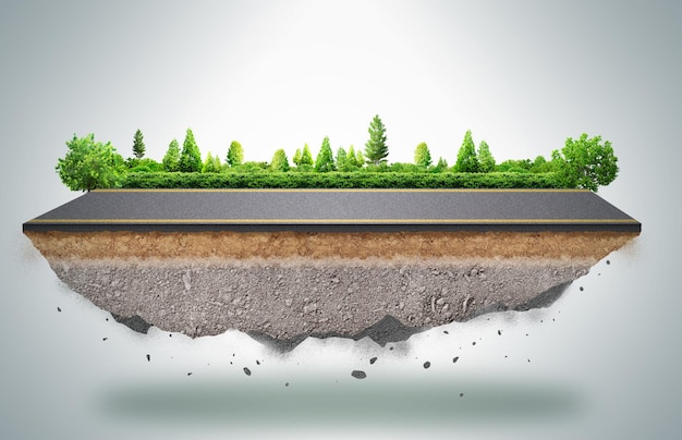 estrada rural e árvores verdes no verão. ilustração 3D de um pedaço de terra verde isolado,