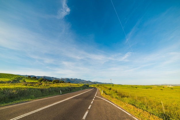 Estrada rural sob um céu azul na Sardenha Itália