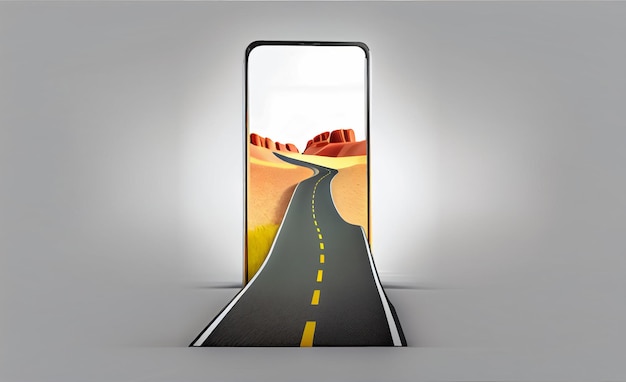 Estrada saindo do celular Compras em anúncios criativos para celular e propaganda de design de maqueteanúncio de viagens e férias na estrada Ilustração 3D da estrada Maquete móvel em pé em 3D