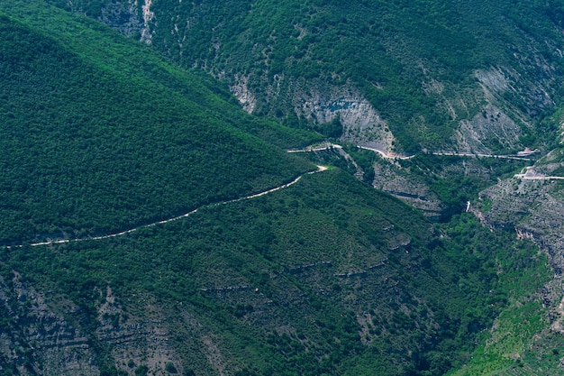 Estrada sinuosa ao longo de uma montanha arborizada em um terreno montanhoso