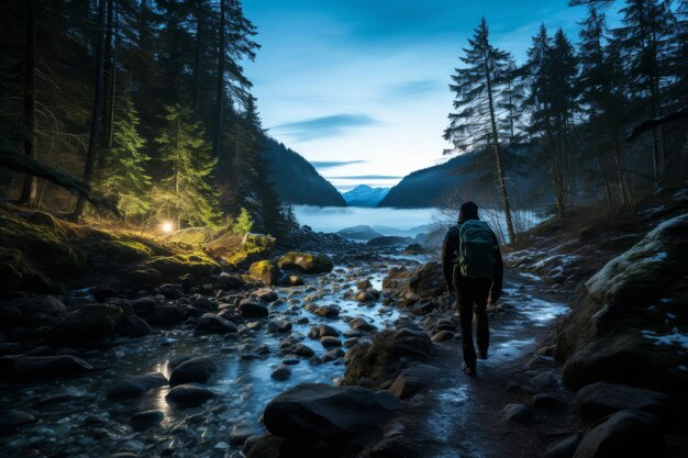 Estrada sinuosa através de uma floresta sob a aurora boreal IA generativa