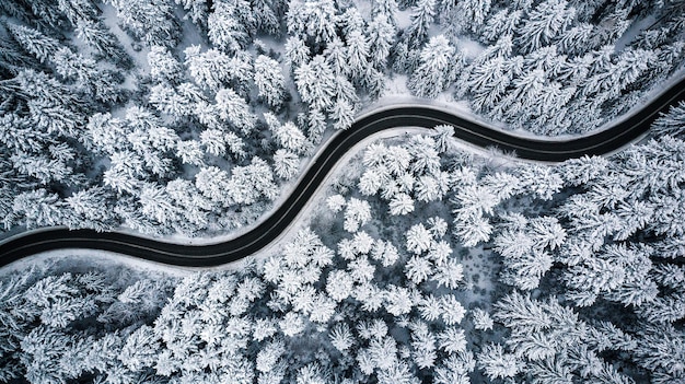 Estrada sinuosa curva na floresta coberta de neve vista aérea de cima para baixo