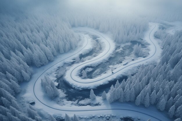 Estrada sinuosa entre colinas arborizadas no inverno, vista aérea