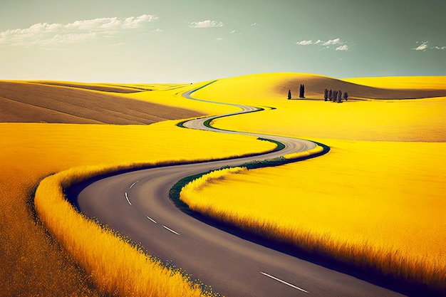 Foto estrada sinuosa vazia além dos ventos do horizonte através de prados amarelos dourados