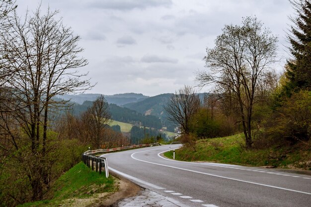 Estrada sinuosa vazia através de florestas nas montanhas.