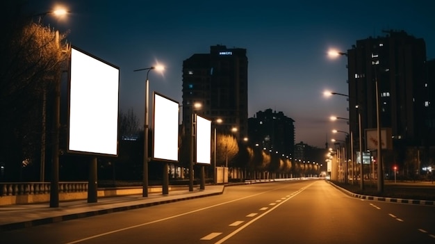 Estrada urbana com outdoor em branco e lanternas Estrada com outdoor em branco à noite escura na cidade