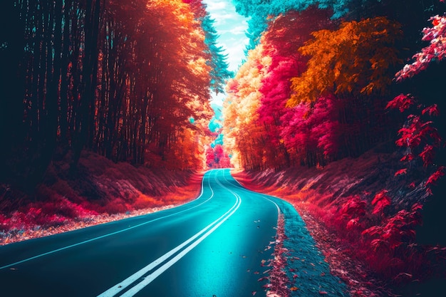 Estrada vazia cercada por árvores coloridas