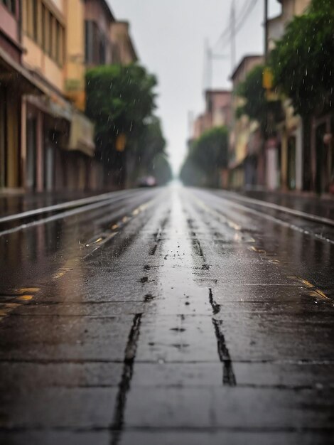 Foto estrada vazia com grandes gotas de chuva caindo no meio da estrada