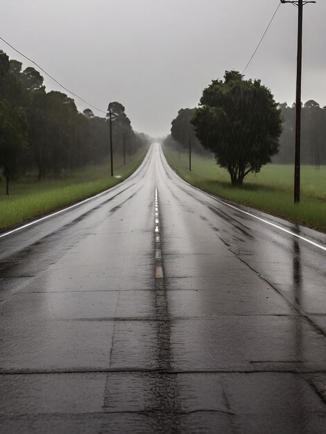 Estrada vazia com grandes gotas de chuva caindo no meio da estrada