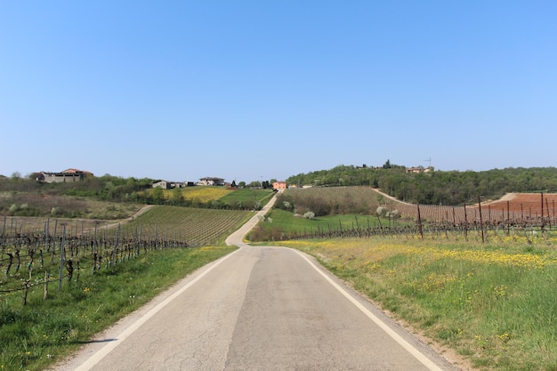 Foto estrada vazia no meio de um campo contra um céu claro