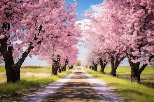 Estradas de campo em flor Fotografar estradas de campo cênicas alinhadas com árvores em flor AI Imagem