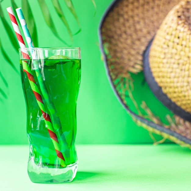 Estragão limonada folha tropical verde palmeira manjericão bebida bebida gelada chapéu de palha refrescante