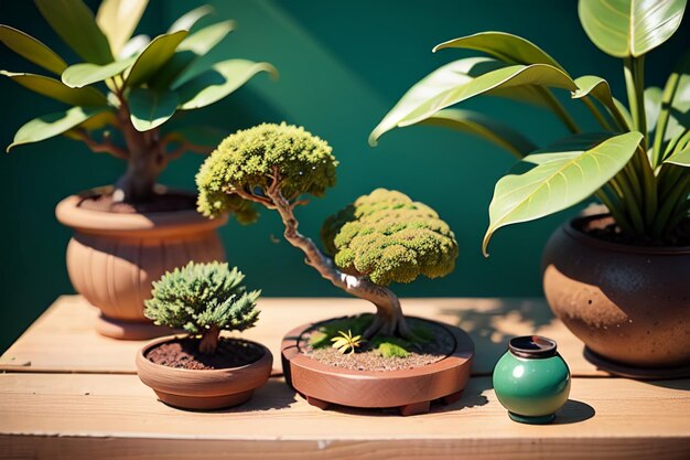 Estranhas lindas plantas ornamentais de bonsai em vasos, decoração de interiores, atmosfera de vida elegante