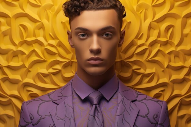 Estranho modelo masculino simétrico estranho com lavanda e fundo dourado retrato de realismo HD