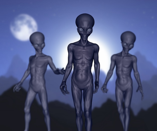 Foto estranhos alienígenas 3d contra a paisagem de montanha e lua