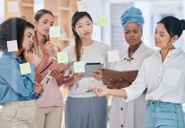 Estrategia de planificación femenina y gestión de proyectos con notas adhesivas o capacitación en colaboración empresarial informal reunión discusión o intercambio de ideas Mujeres multiculturales trabajando u organizando