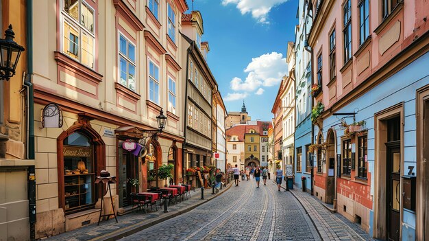 Foto una estrecha calle de adoquines en praga, bordeada de coloridos edificios y tiendas