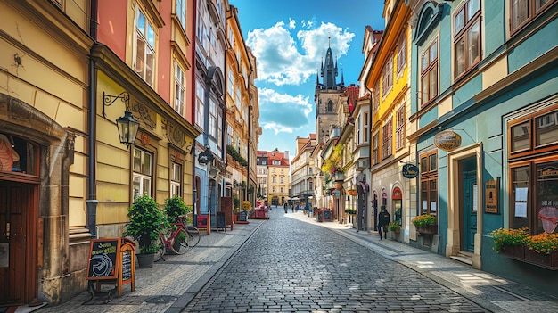 Una estrecha calle de adoquines en Praga, bordeada de coloridos edificios y tiendas