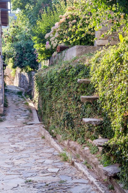 Estrechas calles empedradas de un pueblo de montaña de Pinakates South Pelion Grecia