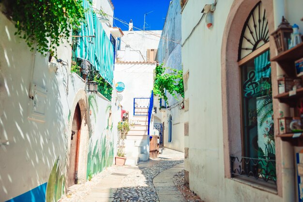 Foto las estrechas calles de la isla con balcones azules escaleras y flores