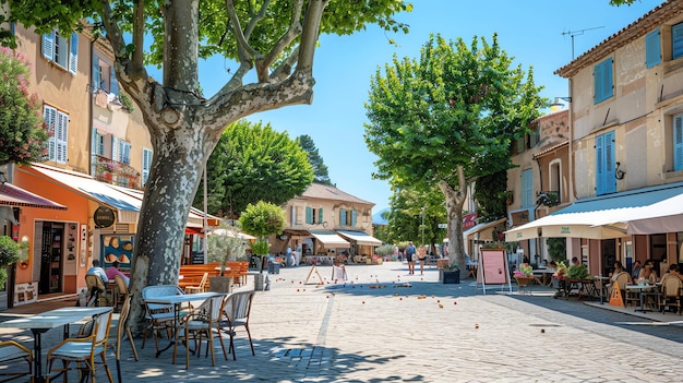 Las estrechas calles de una pequeña ciudad francesa están llenas de tiendas y cafés