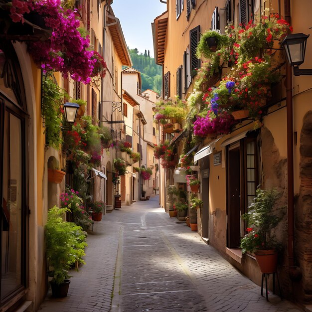 Un estrecho callejón empedrado en una histórica ciudad europea adornado con cestas de flores colgantes