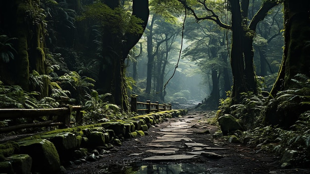 Un estrecho sendero de tierra a través de un denso bosque