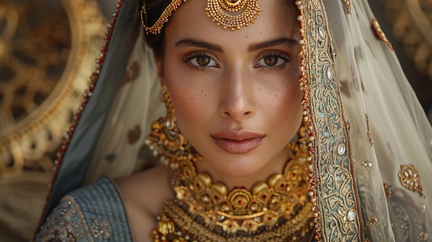 Foto estrela de cinema indiana adornada com trajes tradicionais e acessórios ornamentados