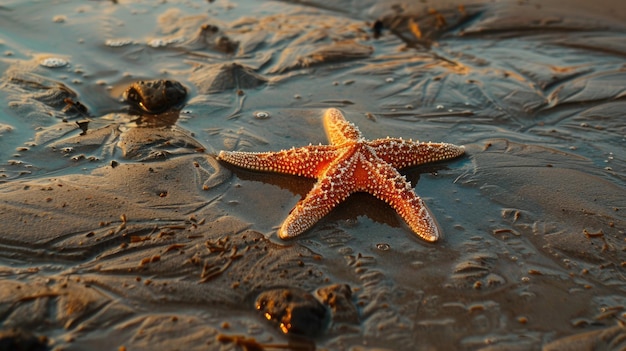 Estrela de mar descansando em uma praia de areia perto da água cercada por paisagens naturais