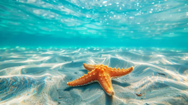 Foto estrela de mar na água com o céu azul