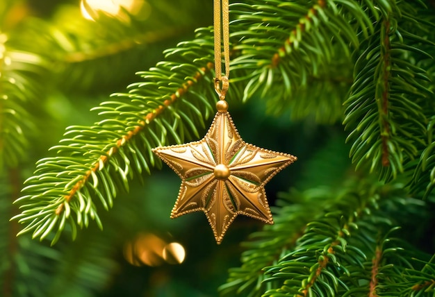 Estrela de ouro em bugiganga estrelada de ouro na árvore do abeto