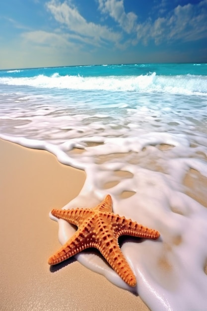 Estrela-do-mar descansando em uma praia de areia com ondas oceânicas criadas com IA generativa