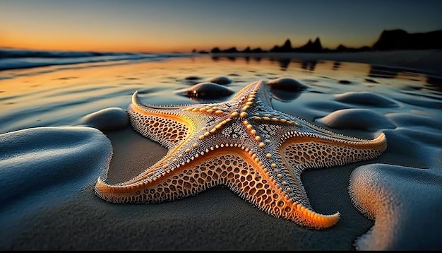 Estrela do mar na areia em uma praia. Belo close-up de estrela do mar ao pôr do sol. IA generativa